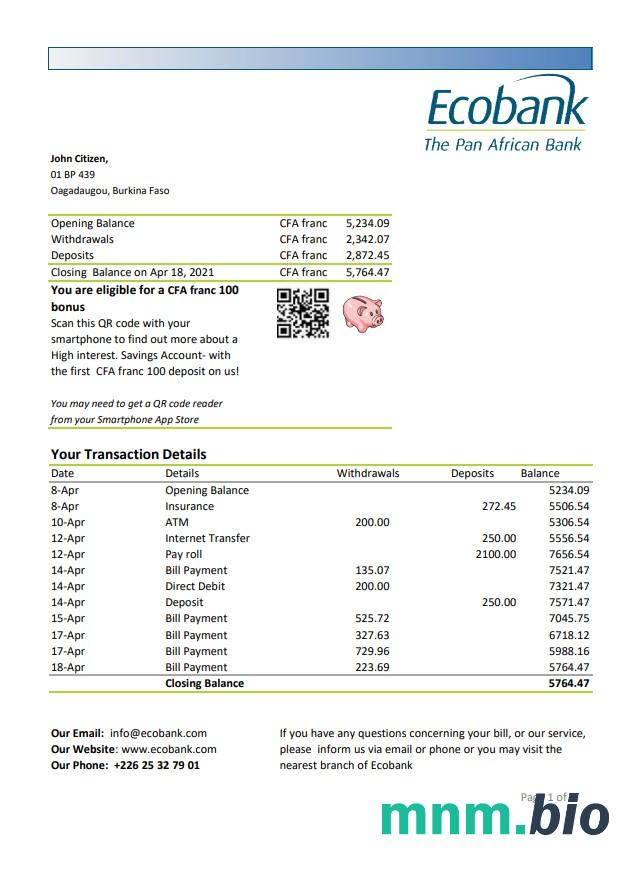 Szablon wyciągu bankowego Burkina Faso Banque Atlantique w programie Word i PDF